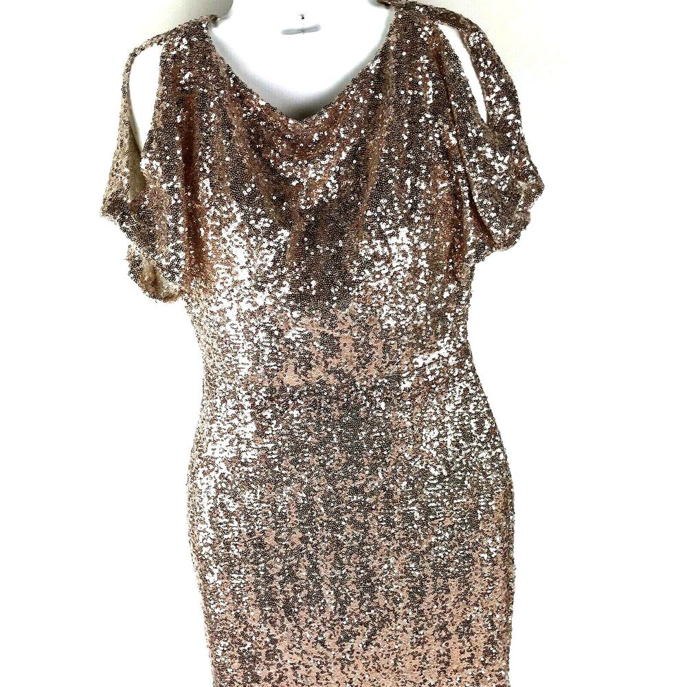 Prom Cocktail Dress Blush Sequin Cold shoulder peekaboo back Josh & Jazz Sz 3/4
